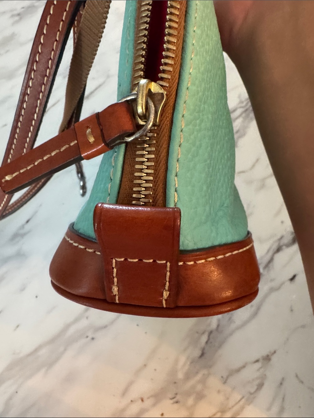 Dooney & Bourke Turquoise and Brown Pebble Leather Mini Satchel - Picture 8 of 9